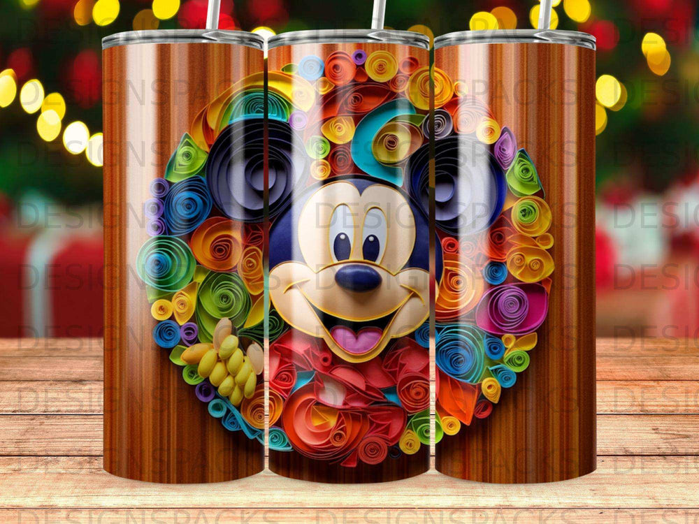 Mickey Mouse with a colorful paper swirl background on a wooden textured tumbler.