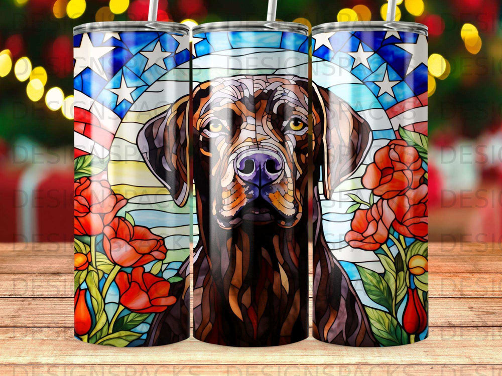 Stained glass dog with American flag and red roses pattern on tumbler.