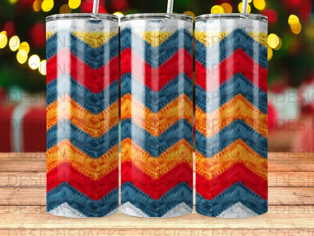 Chevron pattern tumbler with red, yellow, and blue stripes.