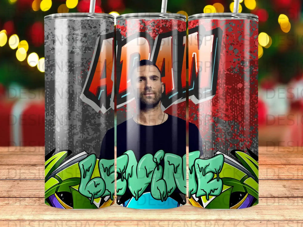 Man's face on a tumbler with "ADAM" and graffiti-style text.