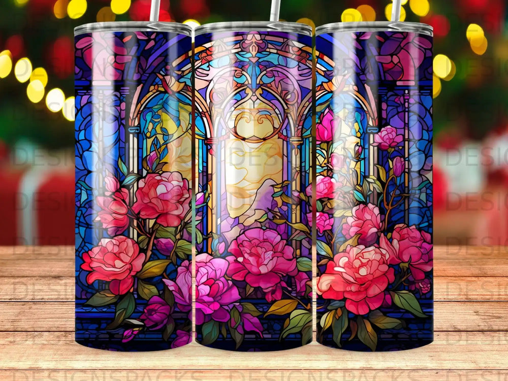 Stained glass tumbler with pink roses and ornate arched window design.
