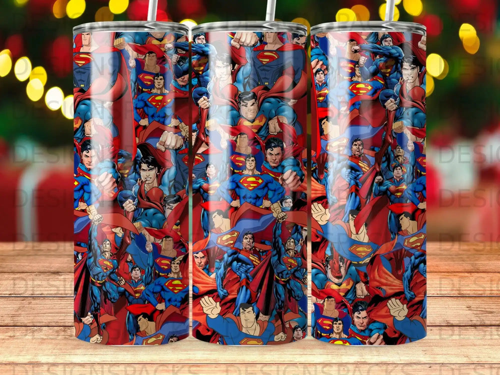 Collage of Superman characters in various poses on a tumbler.