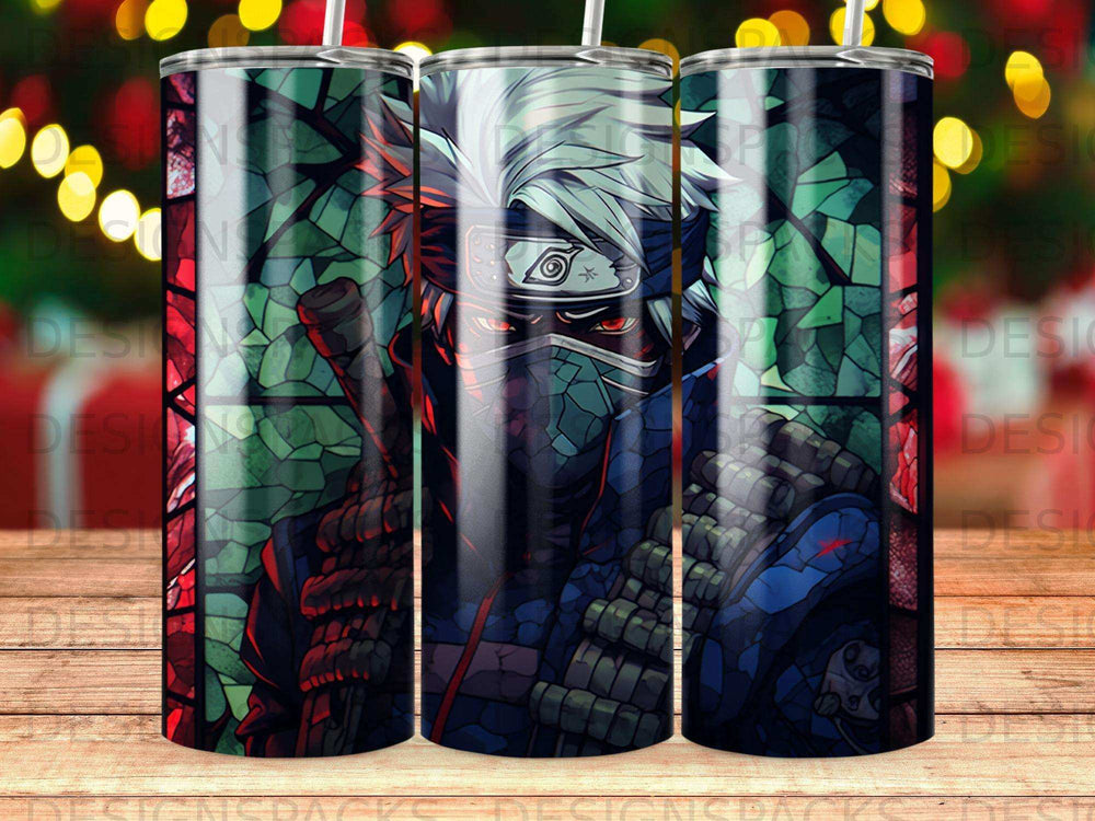 Kakashi Hatake from Naruto with glowing eyes and stained glass background.