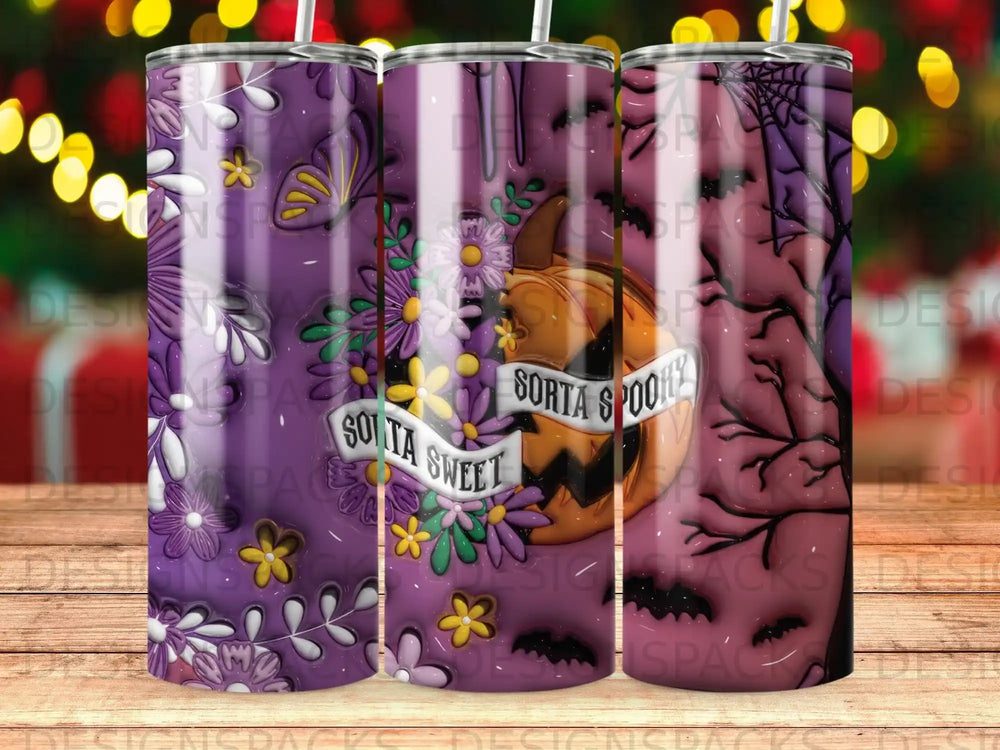 Halloween tumbler with pumpkin, flowers, and spooky text.
