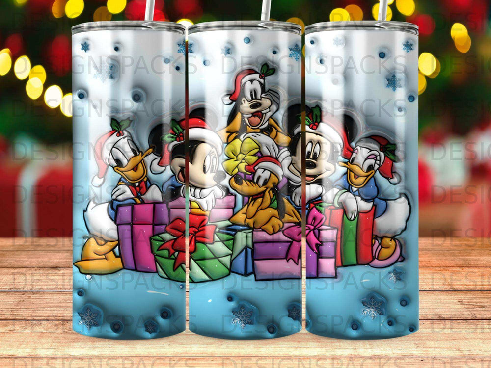 Mickey, Minnie, Donald, Daisy, and Pluto in Santa hats with Christmas gifts.