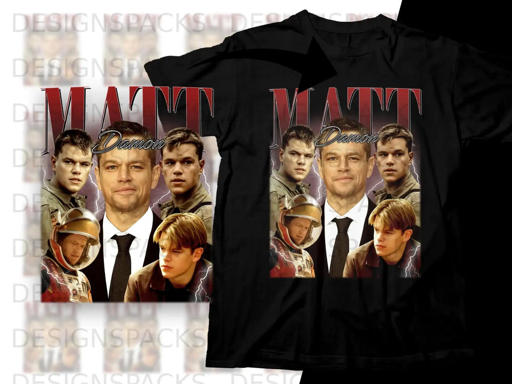 Black t-shirt with collage of Matt Damon in various roles, including astronaut.