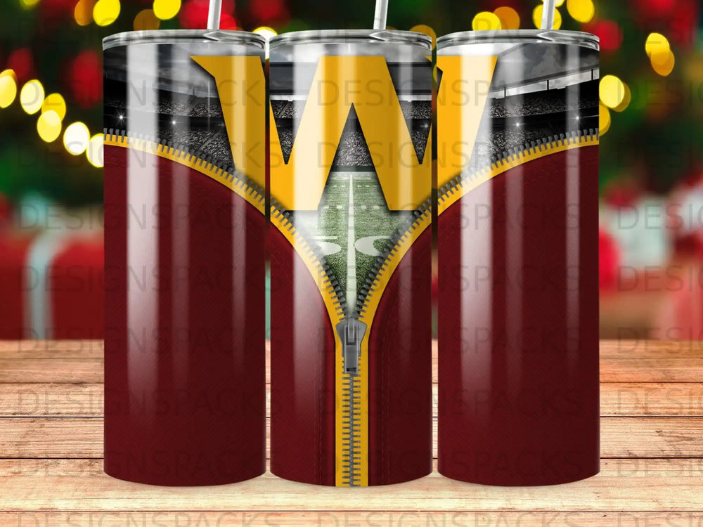 Washington Commanders logo on a zipper-themed tumbler with football field background.