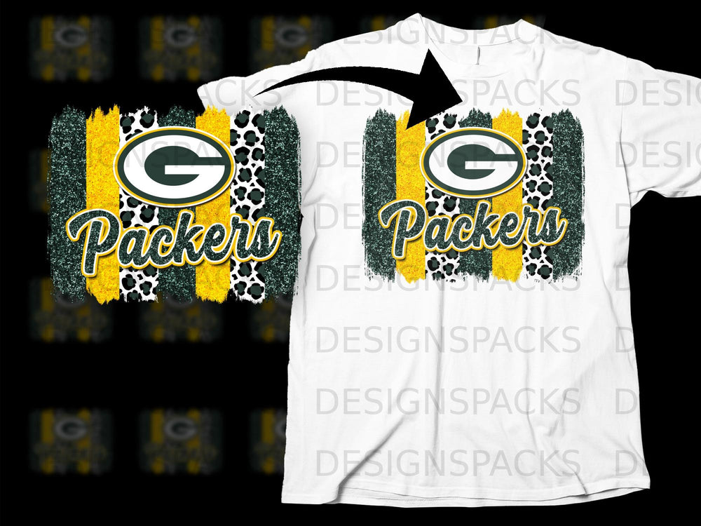 Green Bay Packers logo with distressed green and yellow stripes and leopard print.