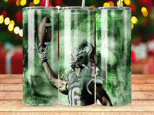 Green and white tumbler with Spartan football player catching a ball.