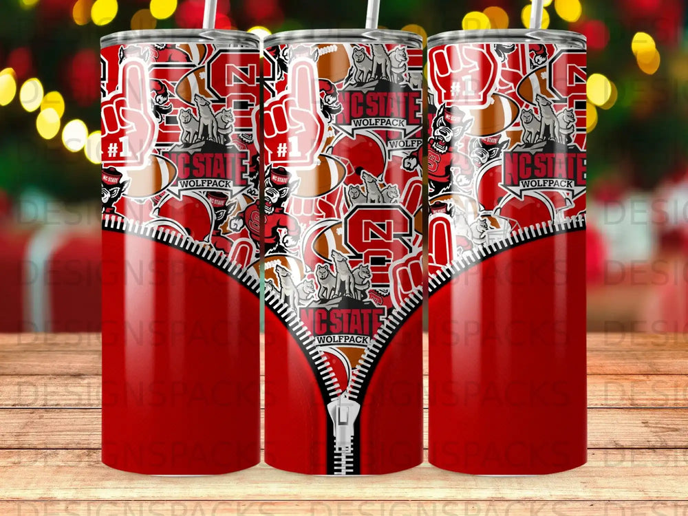 Red and white NC State Wolfpack tumbler with zipper and #1 foam finger pattern.