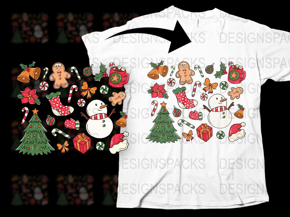 Festive Holiday T-Shirt Christmas Trees Snowmen Gifts Graphic Tee Unisex Winter Apparel