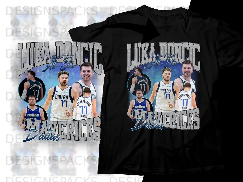 Luka Dončić Dallas Mavericks jersey tee with player image and "Mavericks" text.
