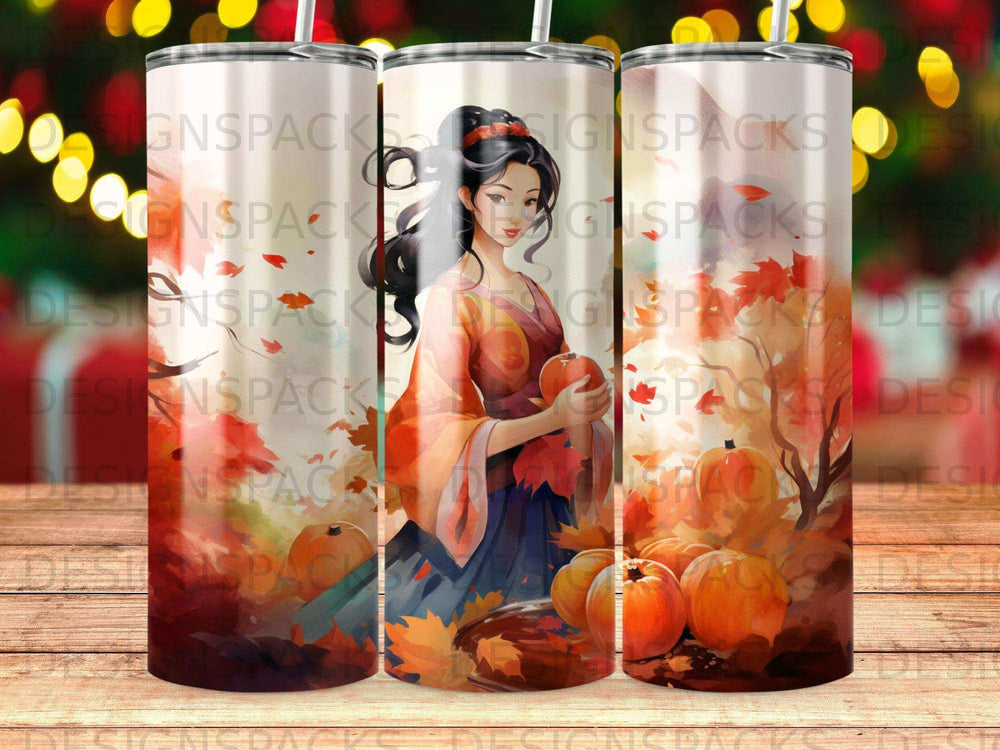 Woman in orange kimono holding pumpkin with autumn leaves and gourds.