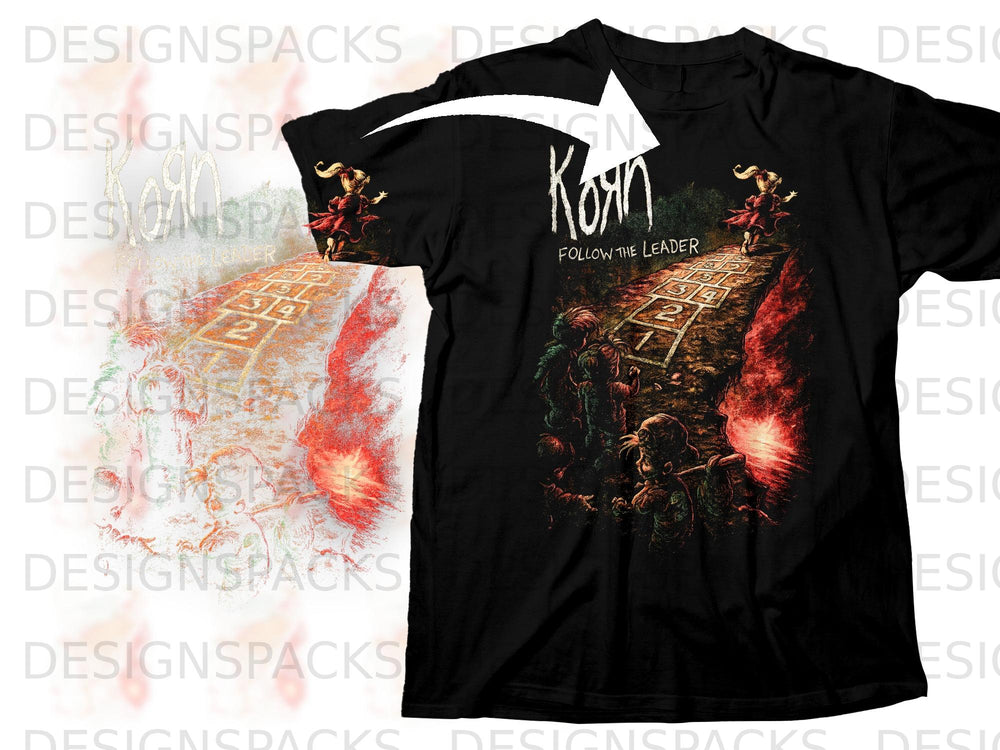 Black t-shirt with Korn "Follow the Leader" album art and a hopscotch path.