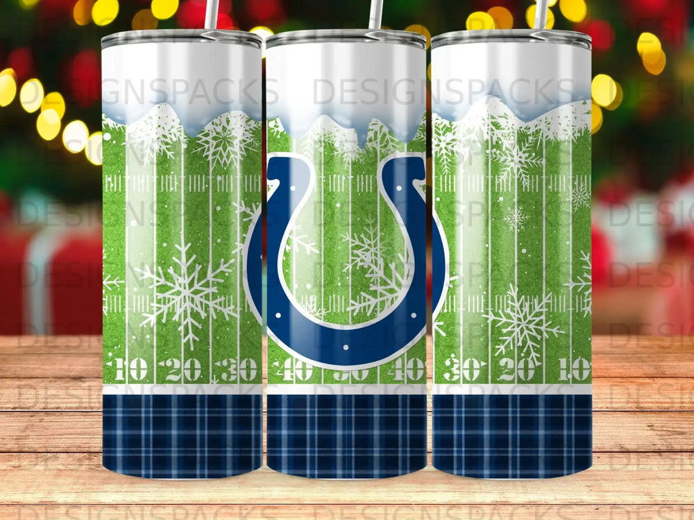 Indianapolis Colts horseshoe logo on a blue plaid tumbler with snowflakes.
