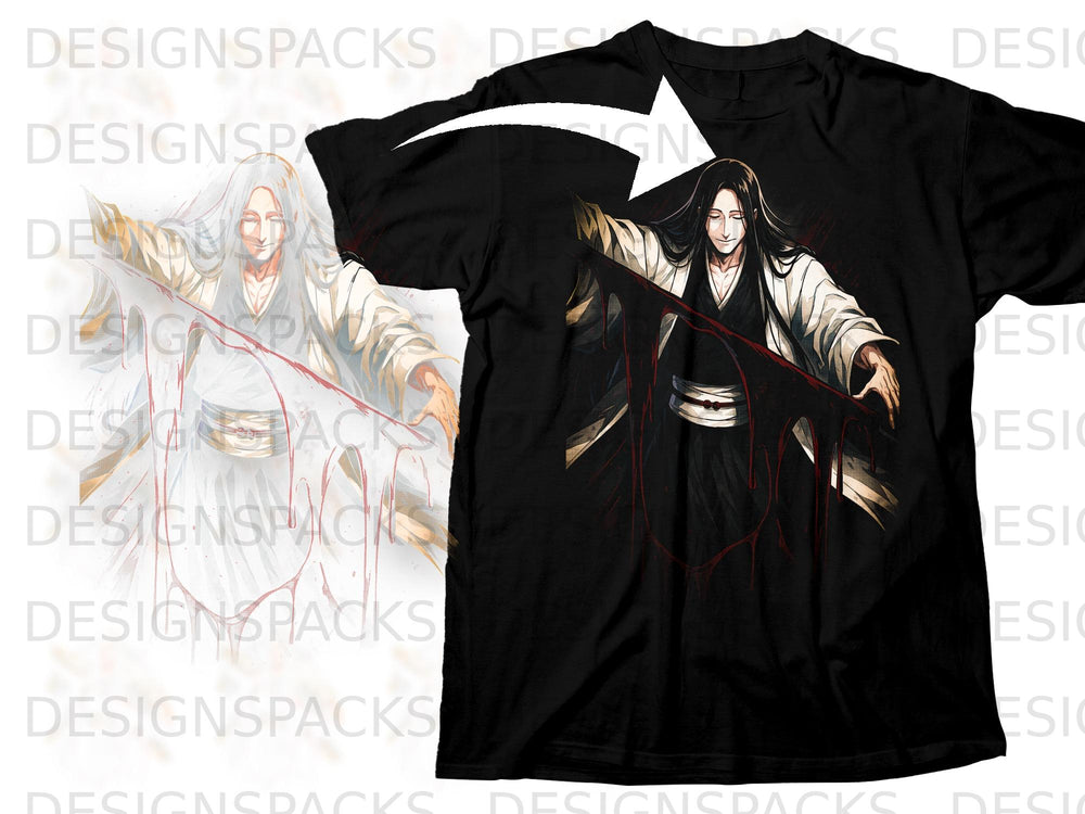 Anime character with long black hair on a black t-shirt with red accents.