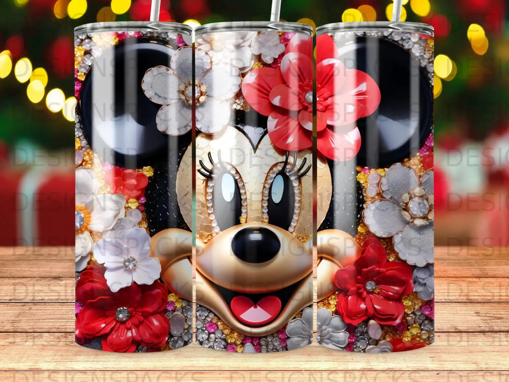 Minnie Mouse face with flowers on a tumbler.