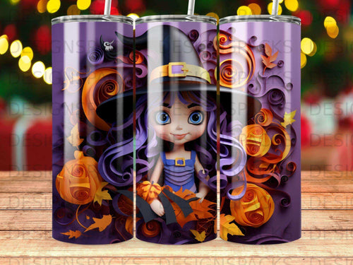 Witch with pumpkins and autumn leaves Halloween tumbler design.