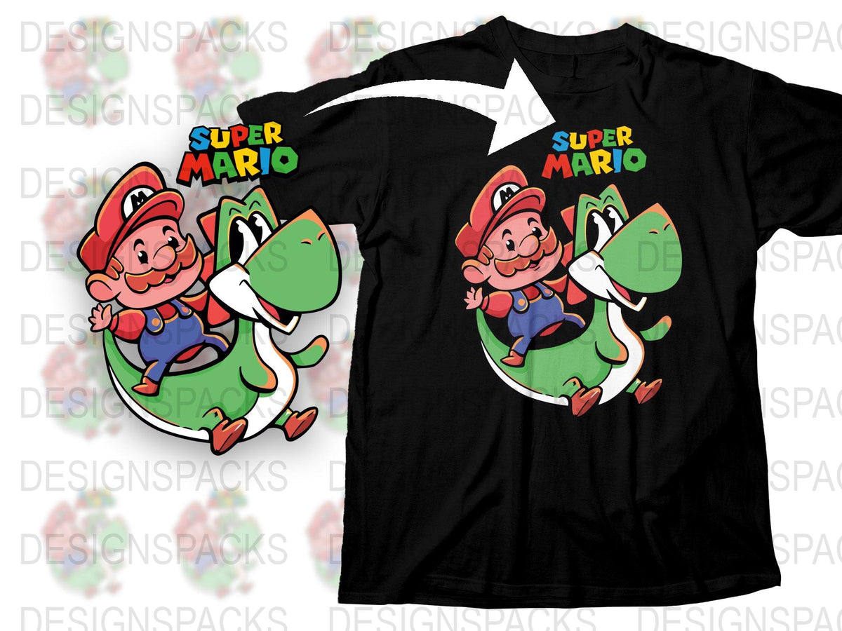 Super Mario and Yoshi Graphic T-Shirt, Vintage Video Game Tee, Unisex Black Cotton Shirt