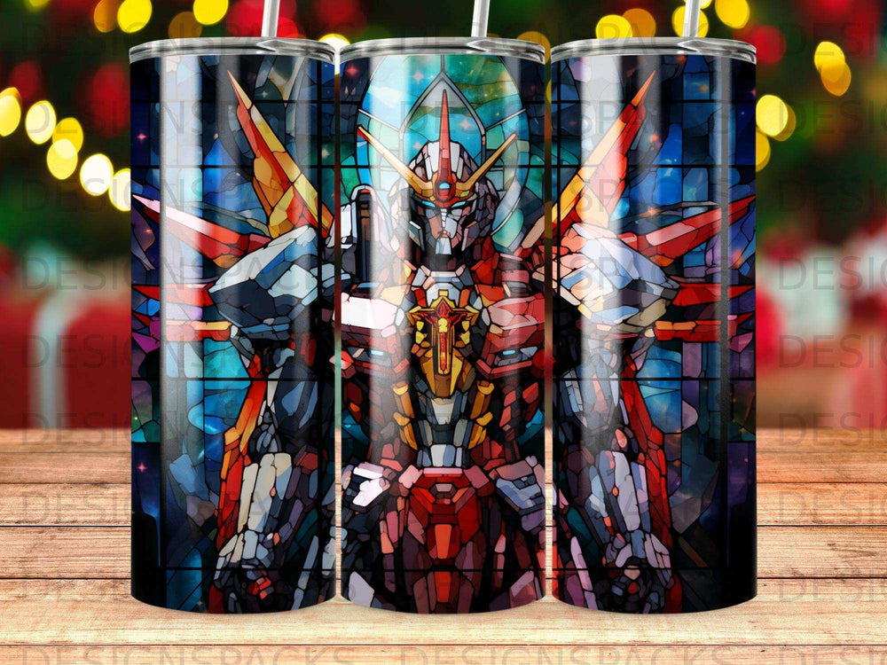 Stained glass Gundam warrior robot with colorful geometric patterns.
