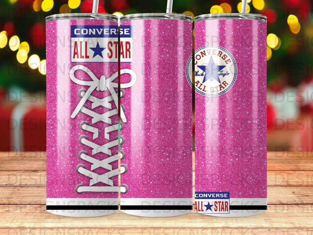 Pink glitter tumbler with Converse All-Star logo and shoelaces.