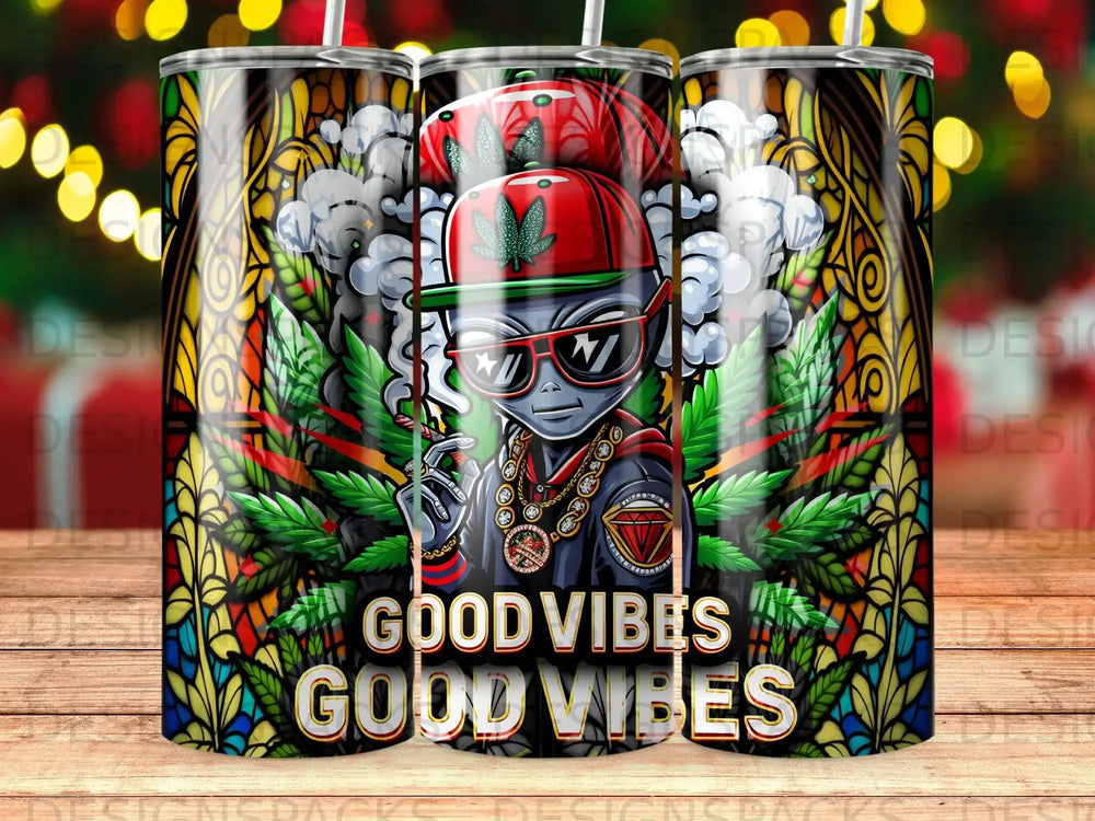 Alien wearing sunglasses and red hat with cannabis leaves, "GOOD VIBES" text.