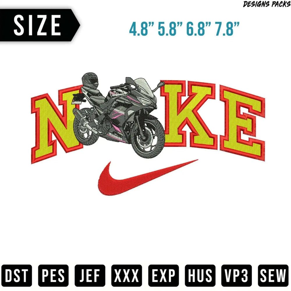 Nike logo with a sport bike and embroidery file formats.