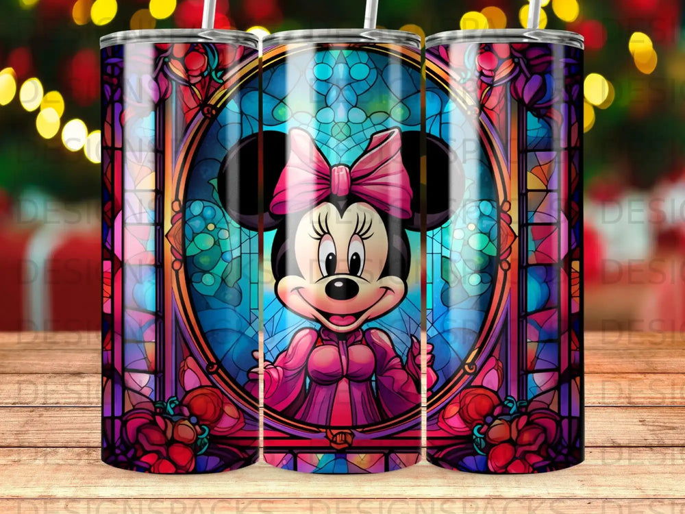 Minnie Mouse in stained glass with pink bow and rose accents.