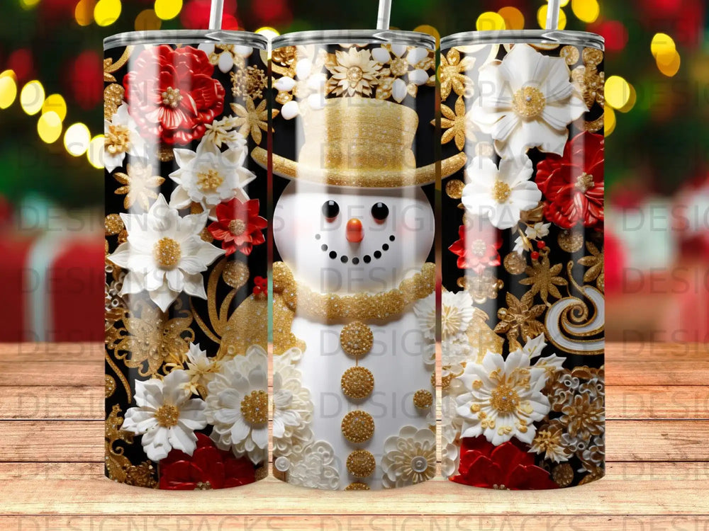 Three tumblers with a snowman and floral design against a bokeh background.