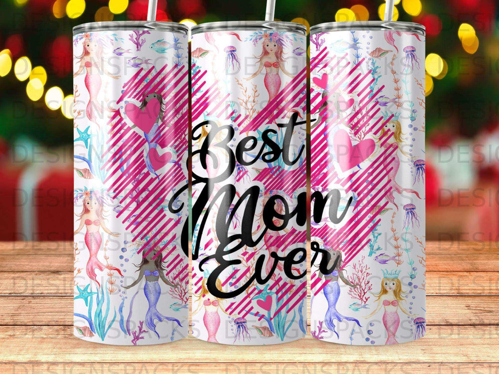 Pink and white striped tumbler with mermaids, hearts, and "Best Mom Ever" text.