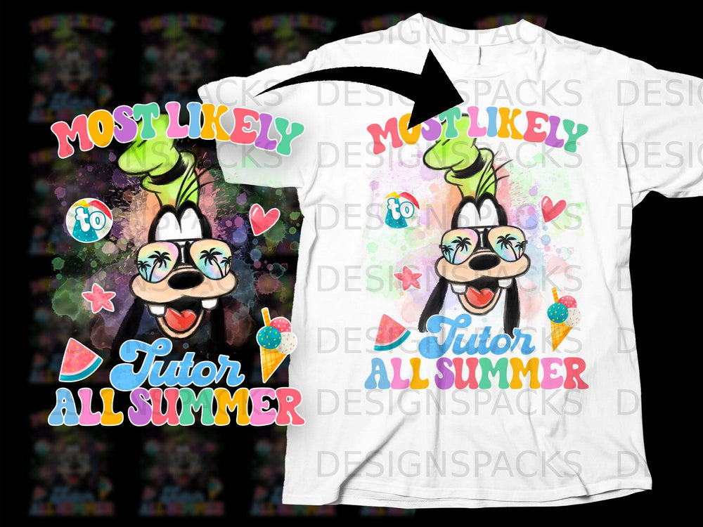Goofy wearing sunglasses with palm trees, "Most Likely to Tutor All Summer" text.