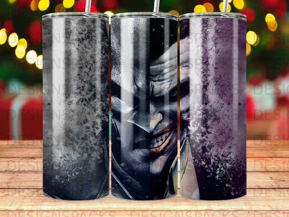 Joker tumbler with fragmented, shadowy design and festive background lights.
