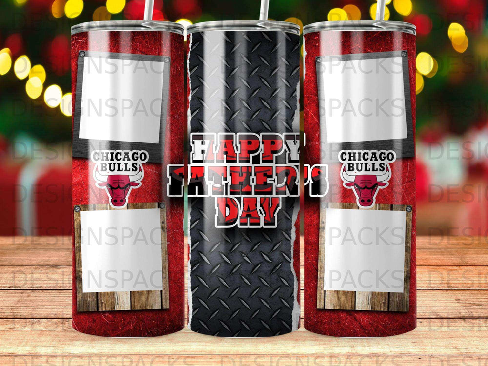 Tumbler with Chicago Bulls logo and "Happy Father's Day" text.
