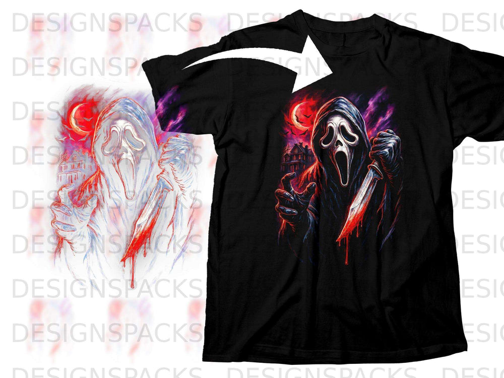 Ghostface mask figure with bloody knife on black t-shirt, red moon, haunted house.