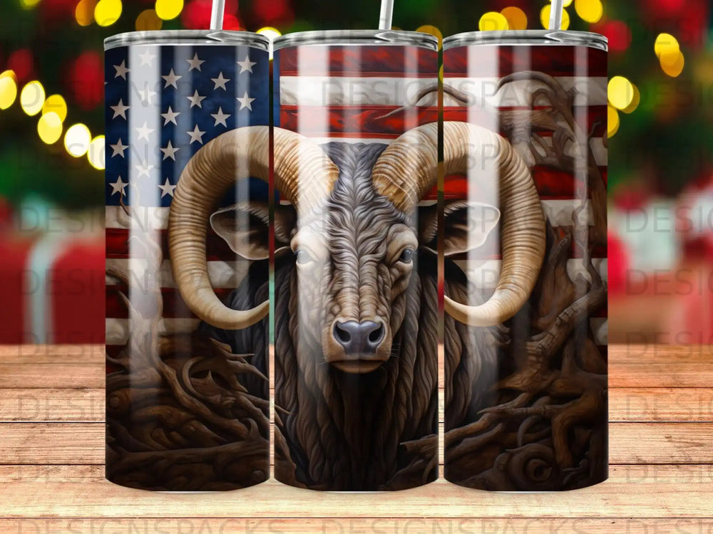 Ram's head with American flag and tree roots, patriotic design.