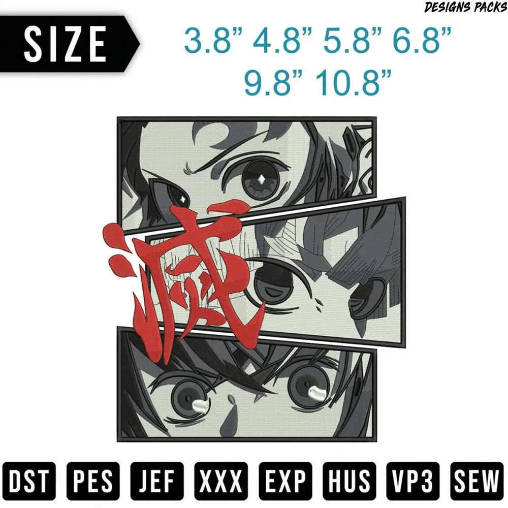 Embroidery design of anime characters' eyes and Japanese text, with size and file format options.
