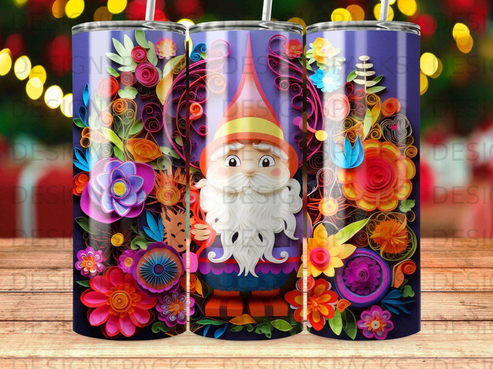 Gnome with colorful floral patterns on a purple background.