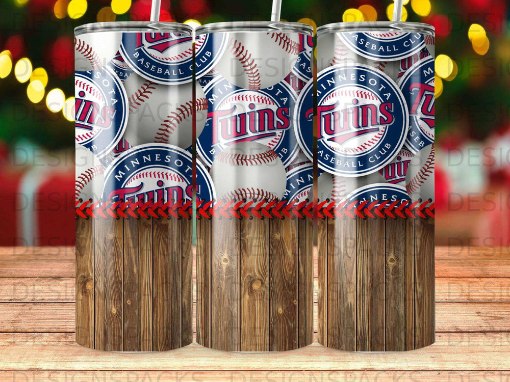 Tumblers with Minnesota Twins baseball logo and wood grain base.