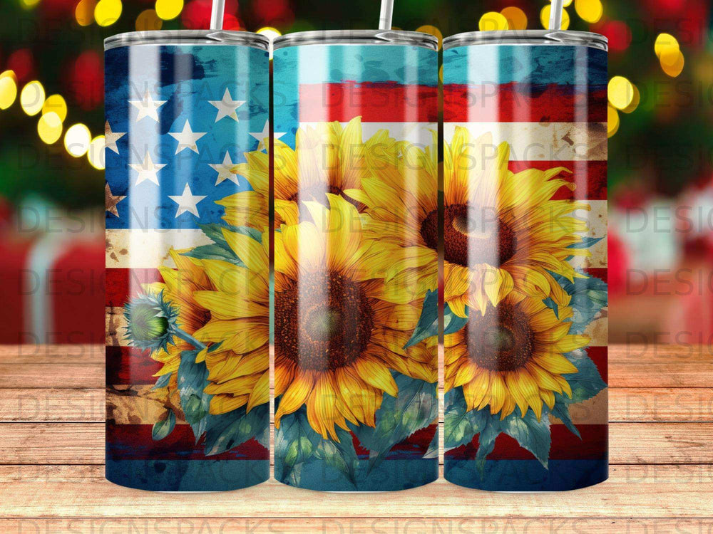 Sunflowers and American flag design on a skinny tumbler.