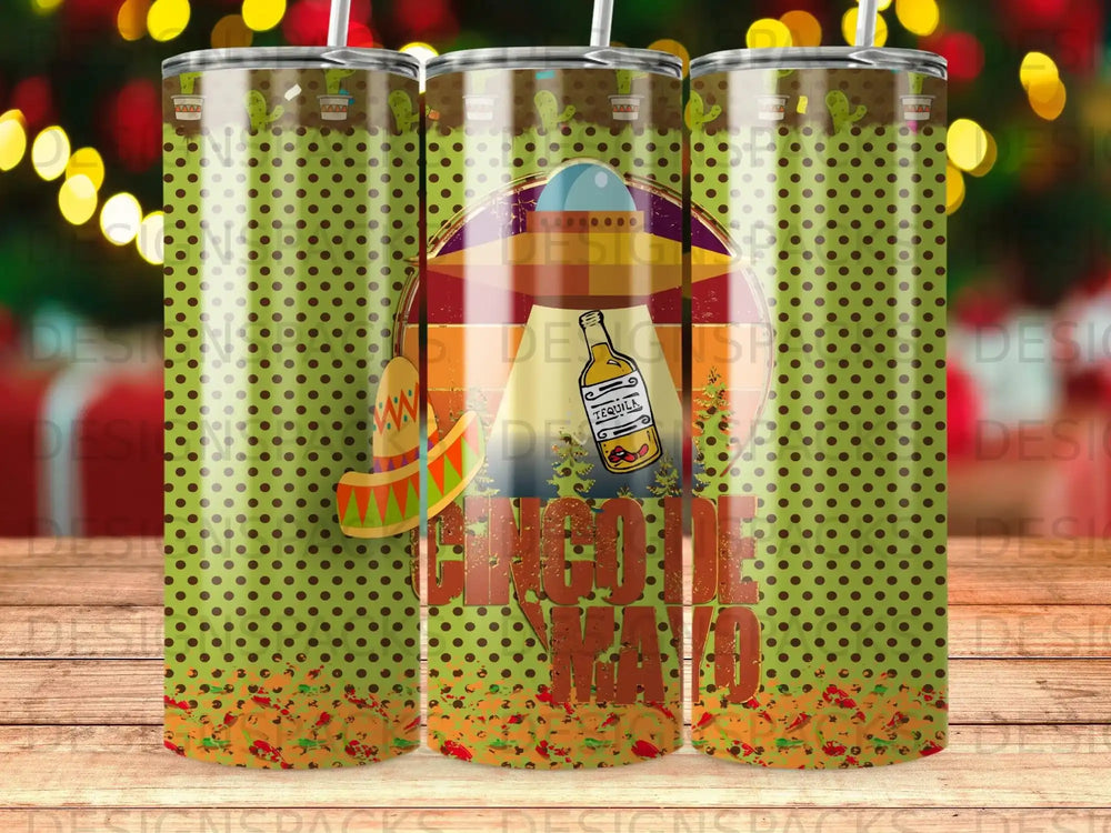 Cinco de Mayo tumbler with alien, sombrero, cactus, and tequila bottle.