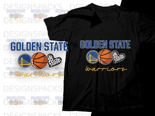 Golden State Warriors logo with basketballs and leopard print hearts.