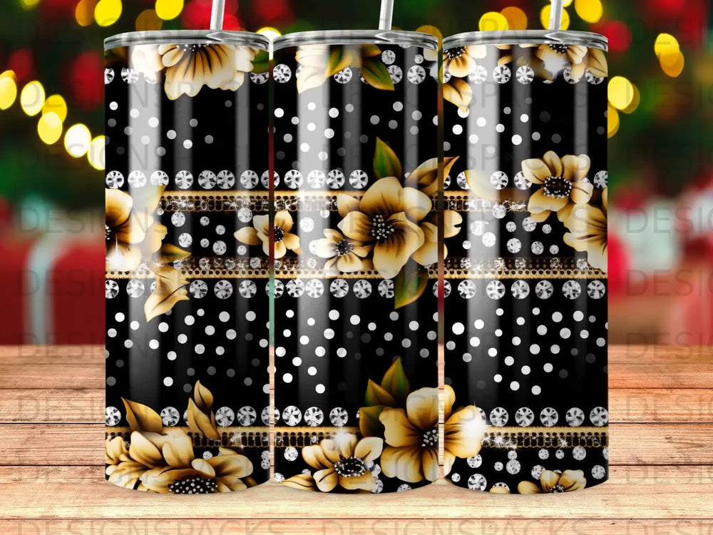 Black tumbler with gold flowers, diamonds, and polka dots.