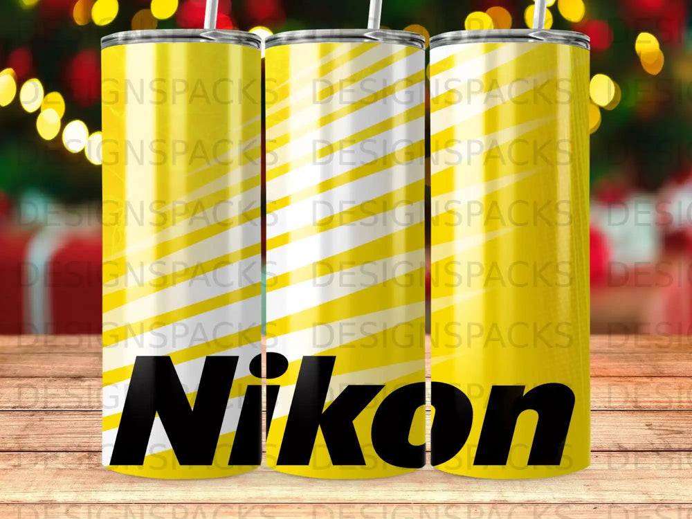 Three yellow tumblers with white stripes and the Nikon logo.