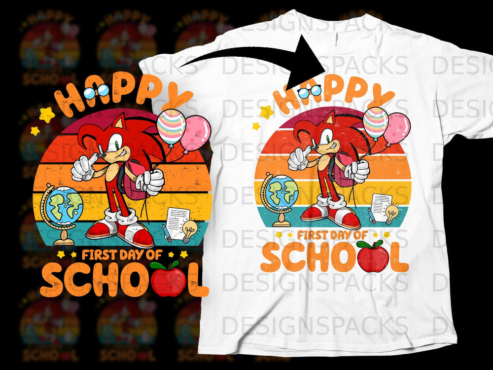 Sonic the Hedgehog with balloons, globe, and "Happy First Day of School" text.