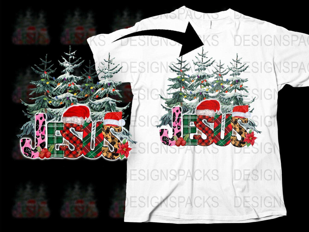 Christmas T-Shirt Jesus Text with Santa Hat and Snowy Trees Holiday Apparel