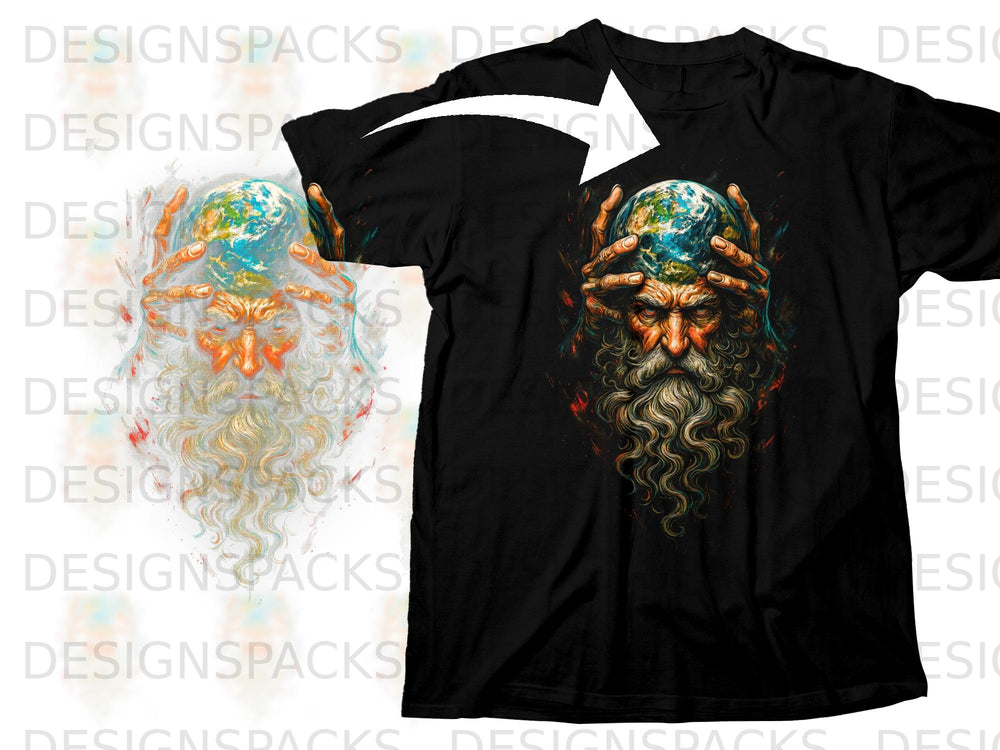 Black t-shirt with a graphic of a bearded old man holding the Earth.