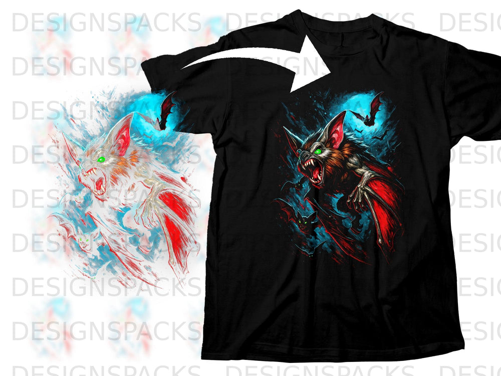 Black t-shirt with a fierce vampire bat graphic and bats in flight.
