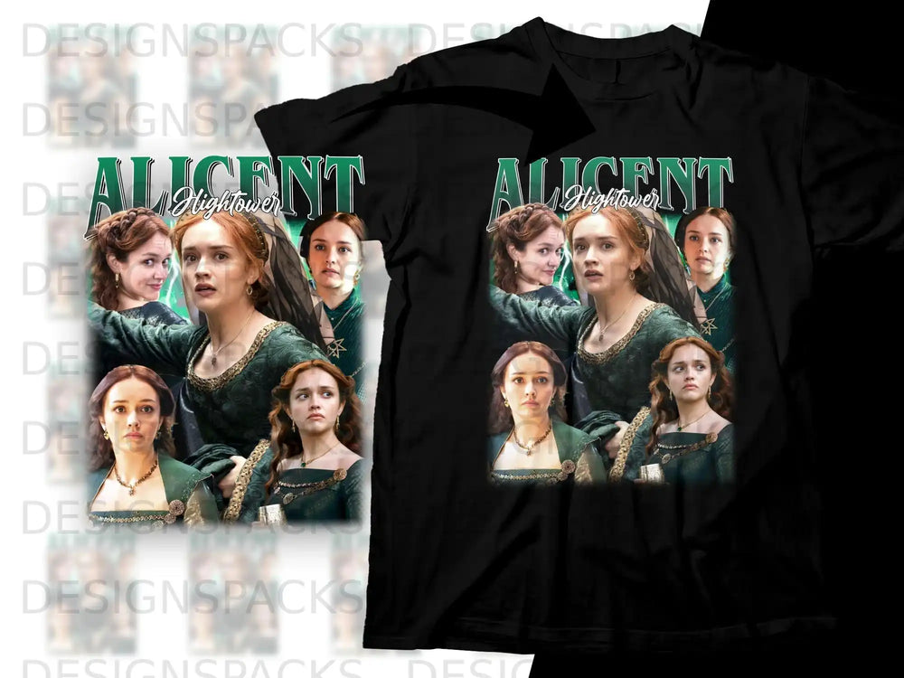 Alicent Hightower depicted in a dark green gown, multiple portraits on a black t-shirt.
