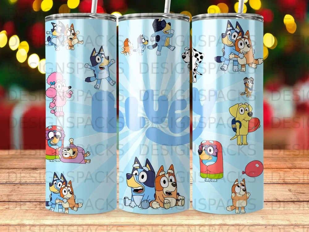 Blue tumbler with cartoon dogs from Bluey and Bingo playing.