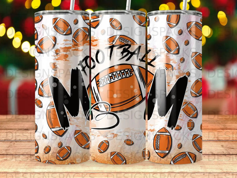 Football mom tumbler with orange and white football pattern.